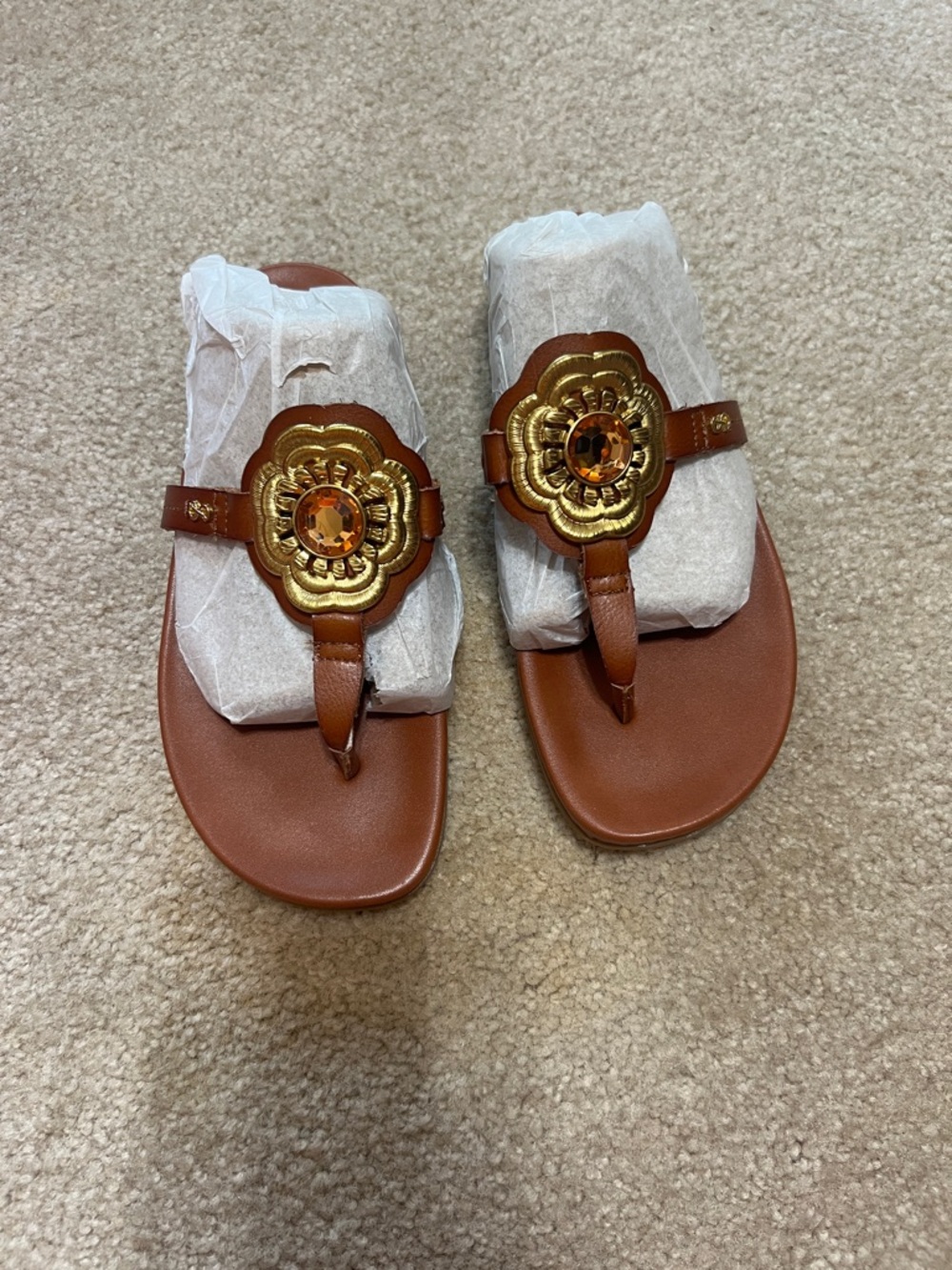 Sam & Libby Brown Leather Thong Sandals with Gold Flower Medallions with box